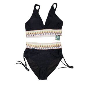 Black High-Waisted Bikini Set With Adjustable Straps & Chevron Accents Size M